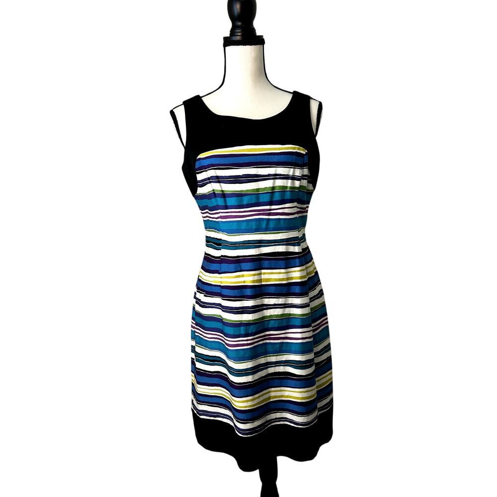 Anne Klein Striped Sheath Dress Womens Size 6 Black Blue Sleeveless Knee Length